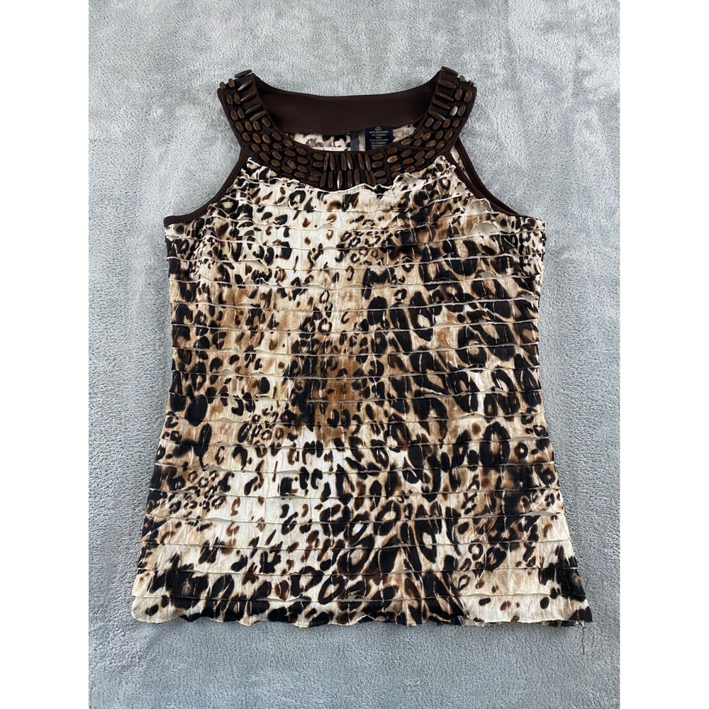 Rue‎ Options Leopard Print Tiered Ruffle Beaded Neck Sleeveless Top Brown PM